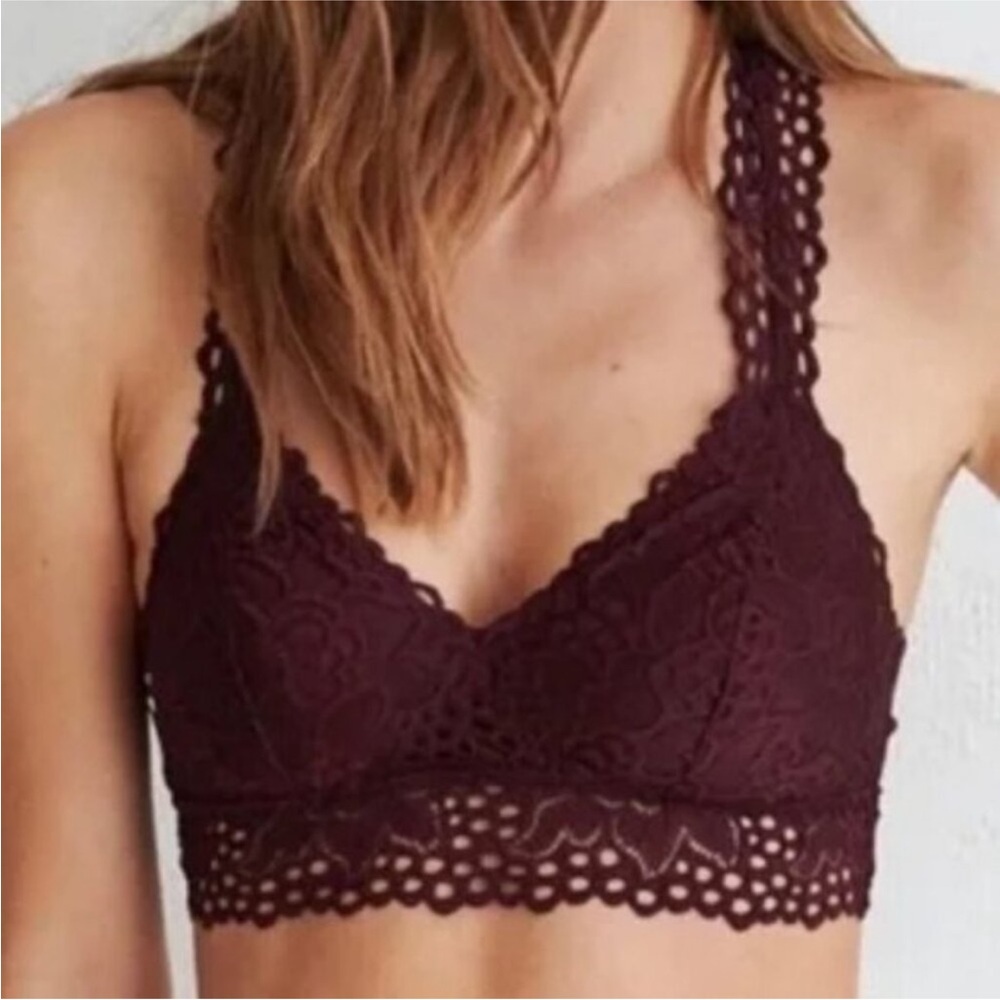 Aerie Burgundy Lace Racerback Bralette, Size Large